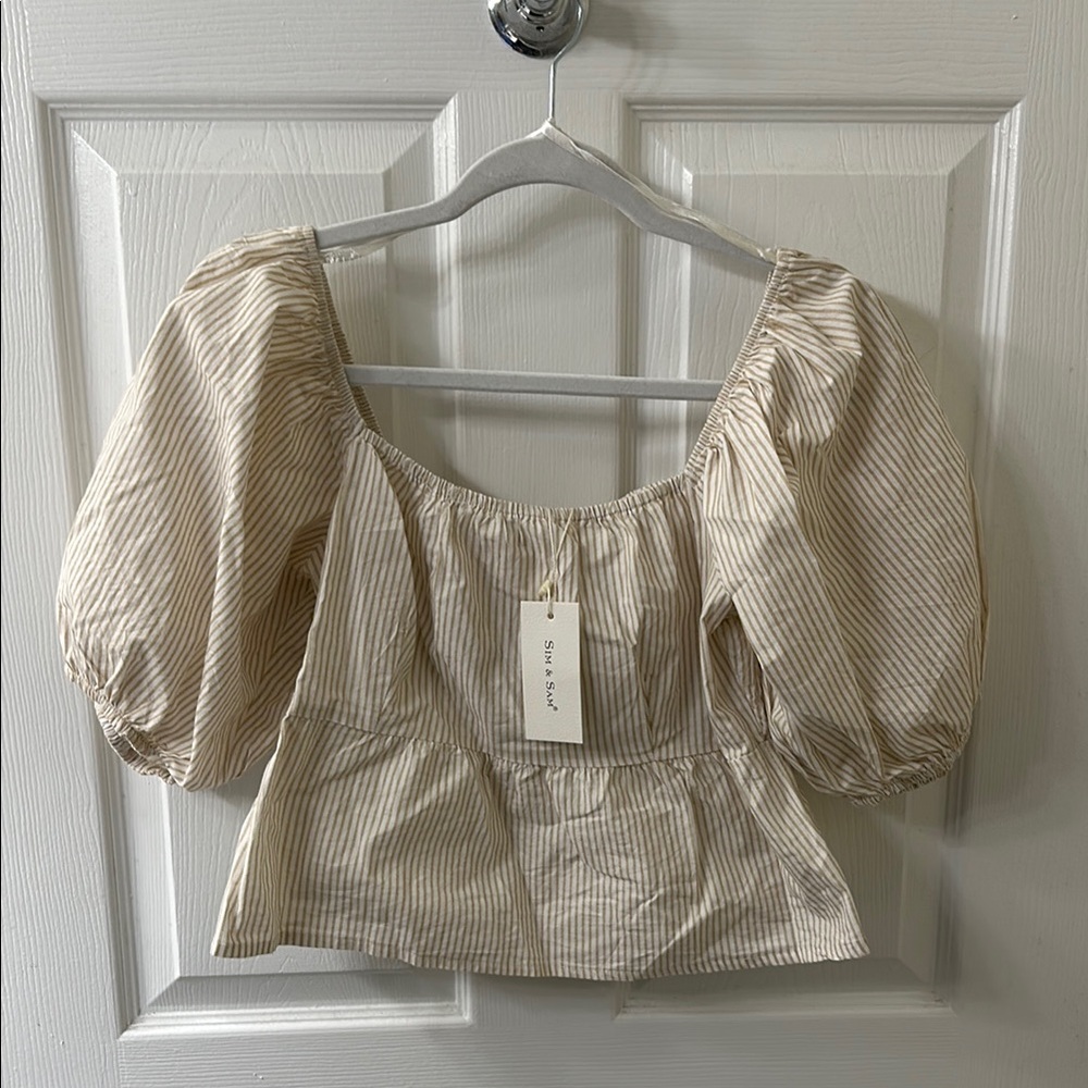 Beige Striped Blouse with Puffy Sleeves